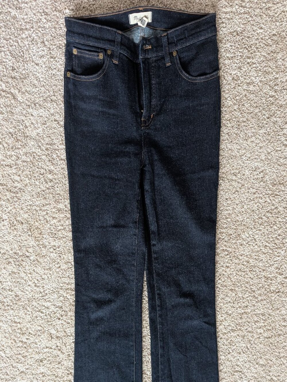 Madewell, full length kick out flare, dark wash